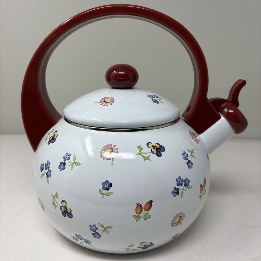 Vintage Villeroy & Boch Petite Fleur Enamel Whistling Tea Kettle Red Handle EUC